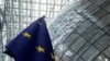 Belgium - The European Union flag inside the atrium during an EU summit at the European Council building in Brussels, Monday, June 17, 2024.